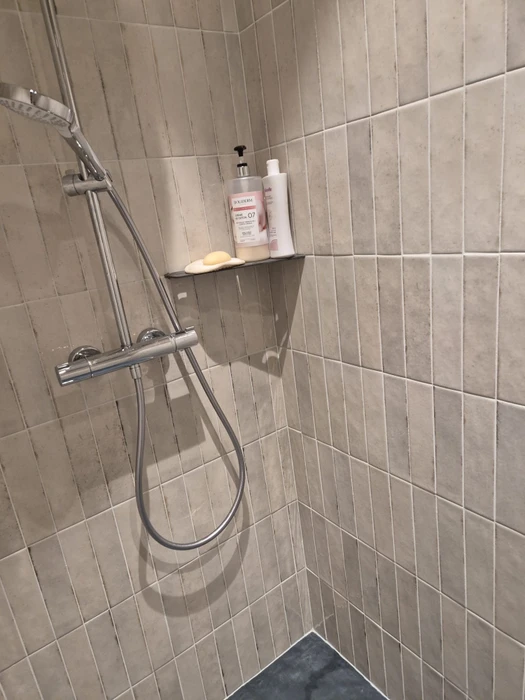 Salle de bain moderne avec douche à l'italienne, double vasque sur plan en bois massif suspendu, miroir rectangulaire et cloison verticale en bois